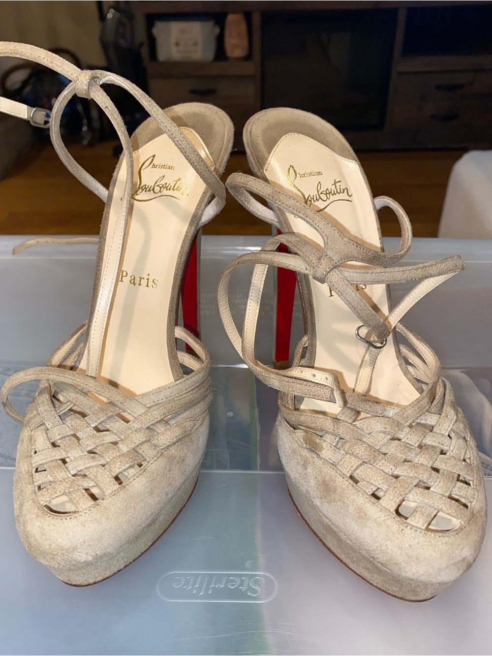 Christian Louboutin Woven Suede Ankle-Strap Pumps in Beige with Red Sole